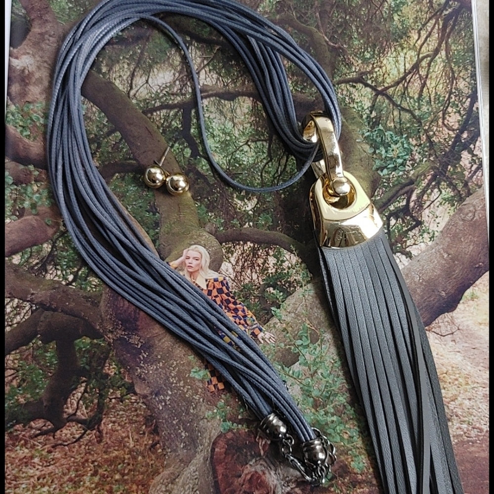 Gold and Grey Leather Tassel Long Necklace Set